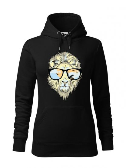 Czarna bluza damska z nadrukiem lwa w okularach. Bluza typu „kangur” z kapturem.