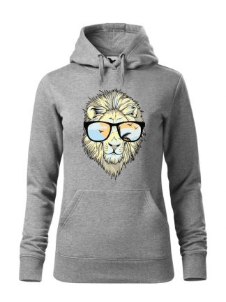 Szara bluza damska z nadrukiem lwa w okularach. Bluza typu „kangur” z kapturem.