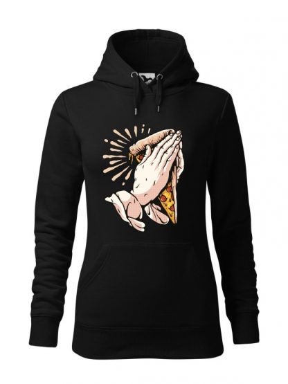 Czarna bluza damska z zabawnym nadrukiem dłoni trzymających kawałek pizzy i złożonych do modlitwy. Bluza typu kangur z kapturem.