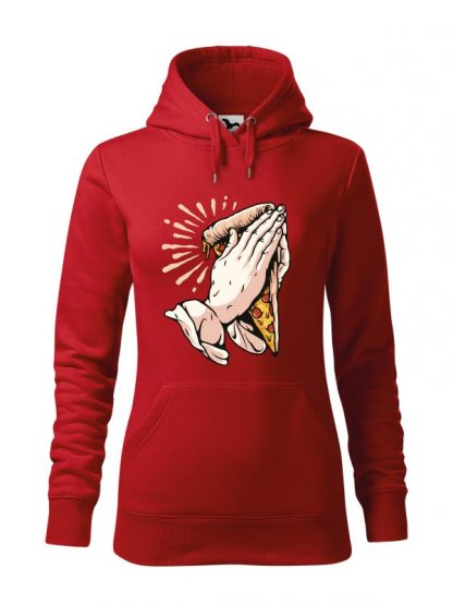 Czerwona bluza damska z zabawnym nadrukiem dłoni trzymających kawałek pizzy i złożonych do modlitwy. Bluza typu kangur z kapturem.