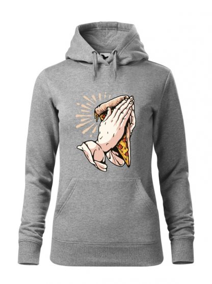 Szara bluza damska z zabawnym nadrukiem dłoni trzymających kawałek pizzy i złożonych do modlitwy. Bluza typu kangur z kapturem.