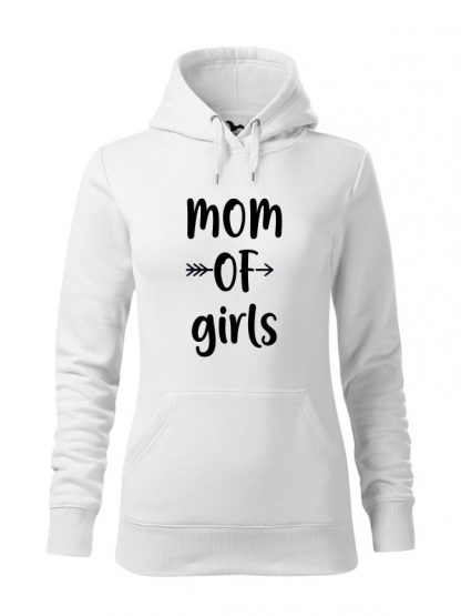 Biała bluza damska z czarnym napisem Mom Of Girls. Bluza typu kangur z kapturem.