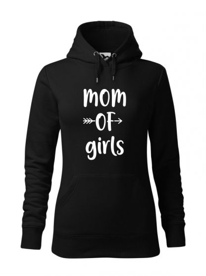 Czarna bluza damska z białym napisem Mom Of Girls. Bluza typu kangur z kapturem.