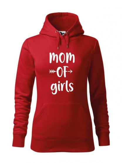 Czerwona bluza damska z białym napisem Mom Of Girls. Bluza typu kangur z kapturem.