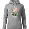 Szara bluza damska z kolorowym nadrukiem róży w stylu boho. Bluza typu „kangur” z kapturem.