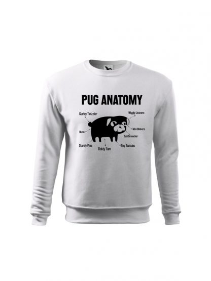 Biała bluza dziecięca z czarnym nadrukiem Pug Anatomy. Bluza wkładana, bez kaptura.