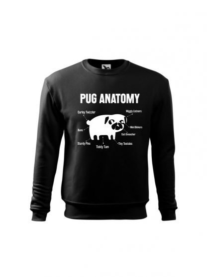 Czarna bluza dziecięca z białym nadrukiem Pug Anatomy. Bluza wkładana, bez kaptura.