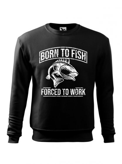Czarna bluza męska z białym nadrukiem Born To Fish, Forced To Work. Bluza wkładana, bez kaptura.
