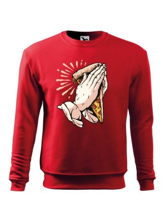 Czerwona bluza męska z zabawnym nadrukiem dłoni trzymających kawałek pizzy i złożonych do modlitwy. Bluza wkładana, bez kaptura.