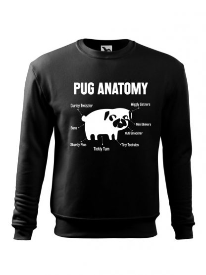 Czarna bluza męska z białym nadrukiem Pug Anatomy. Bluza wkładana, bez kaptura.