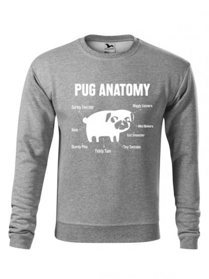 Szara bluza męska z białym nadrukiem Pug Anatomy. Bluza wkładana, bez kaptura.