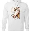 Biała bluza męska z zabawnym nadrukiem dłoni trzymających kawałek pizzy i złożonych do modlitwy. Bluza typu kangur z kapturem.