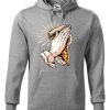 Szara bluza męska z zabawnym nadrukiem dłoni trzymających kawałek pizzy i złożonych do modlitwy. Bluza typu kangur z kapturem.