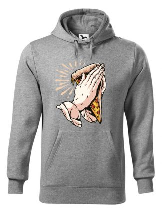 Szara bluza męska z zabawnym nadrukiem dłoni trzymających kawałek pizzy i złożonych do modlitwy. Bluza typu kangur z kapturem.