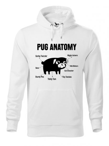 Biała bluza męska z czarnym nadrukiem Pug Anatomy. Bluza typu kangur z kapturem.