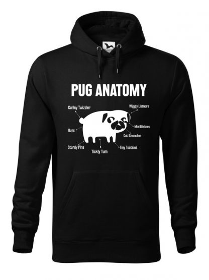 Czerwona bluza męska z białym nadrukiem Pug Anatomy. Bluza typu kangur z kapturem.