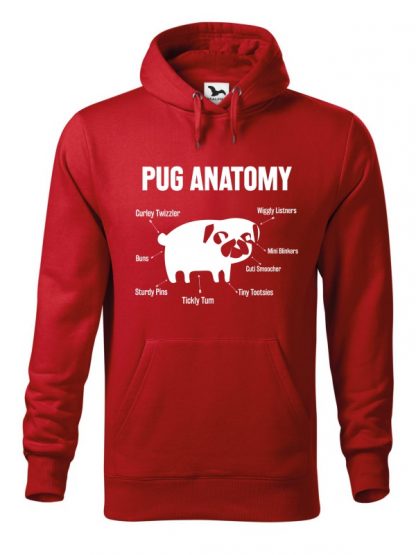 Czerwona bluza męska z białym nadrukiem Pug Anatomy. Bluza typu kangur z kapturem.