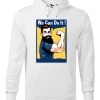 Biała bluza męska z nadrukiem We Can Do It! Bluza typu kangur z kapturem.