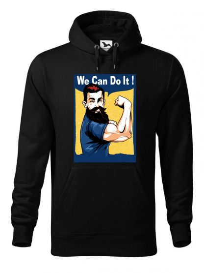 Czarna bluza męska z nadrukiem We Can Do It! Bluza typu kangur z kapturem.