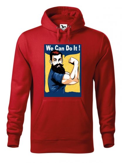 Czerwona bluza męska z nadrukiem We Can Do It! Bluza typu kangur z kapturem.