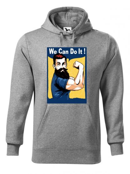Szara bluza męska z nadrukiem We Can Do It! Bluza typu kangur z kapturem.