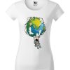 Damska koszulka z krótkim rękawem i nadrukiem astronauty na huśtawce z planety Ziemi. Krój slim-fit z dekoltem, kolor biały.