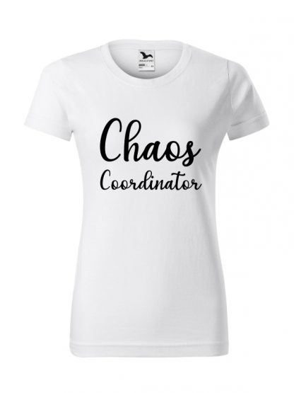 Damska koszulka z krótkim rękawem i napisem Chaos Coordinator. Koszulka w kroju standardowym, w kolorze białym.