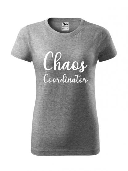 Damska koszulka z krótkim rękawem i napisem Chaos Coordinator. Koszulka w kroju standardowym, w kolorze szarym.