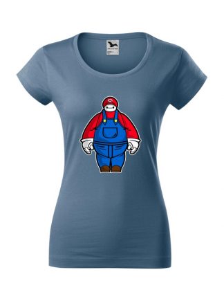 Damska koszulka z krótkim rękawem i karykaturą postaci z gry wideo. Krój slim-fit z dekoltem, kolor jeans.