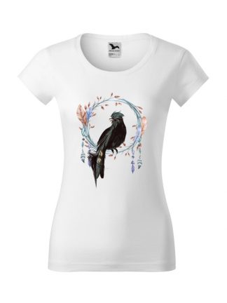 Damska koszulka z krótkim rękawem i kolorowym nadrukiem ptaka w stylu boho. Krój slim-fit, kolor biały.