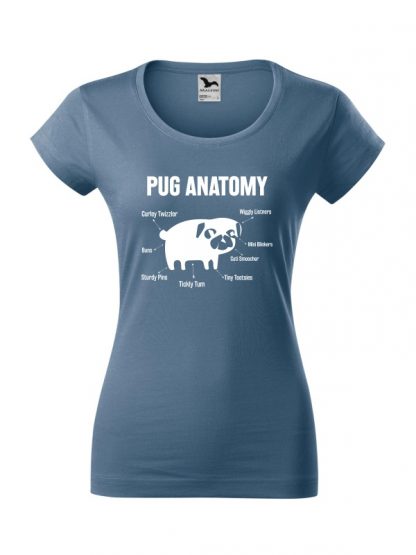 Damska koszulka z krótkim rękawem i nadrukiem Pug Anatomy. Wersja slim-fit, kolor jeans.