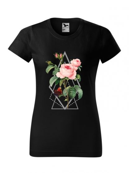 Damska koszulka z krótkim rękawem i kolorowym nadrukiem róży w stylu boho. Krój standardowy, kolor czarny.
