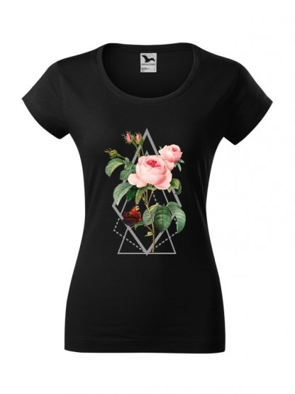 Damska koszulka z krótkim rękawem i kolorowym nadrukiem róży w stylu boho. Krój slim-fit, kolor czarny.