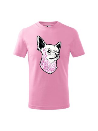 Damska dziecięca z krótkim rękawem i nadrukiem psa rasy Chihuahua. Koszulka w kroju standardowym, kolor różowy.