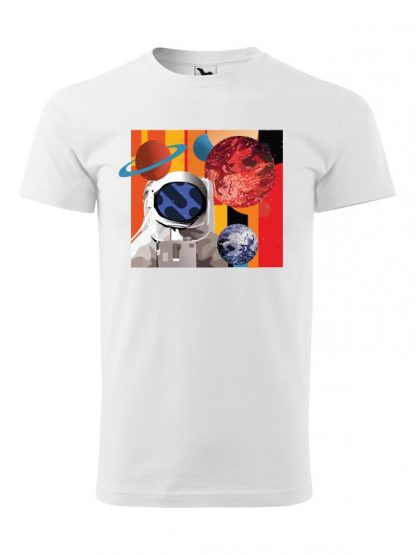 Męska koszulka z krótkim rękawem w kolorze białym, z nadrukiem astronauty otoczonego planetami.