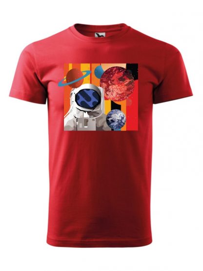 Męska koszulka z krótkim rękawem w kolorze czerwonym, z nadrukiem astronauty otoczonego planetami.