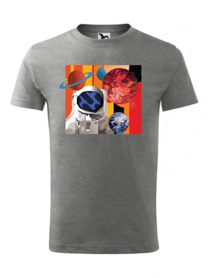 Męska koszulka z krótkim rękawem w kolorze szarym, z nadrukiem astronauty otoczonego planetami.
