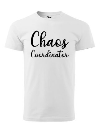 Koszulka męska z napisem Chaos Coordinator. Biały materiał, czarny napis.