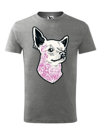 Męska koszulka z krótkim rękawem i nadrukiem nadrukiem psa rasy Chihuahua. Koszulka szara.