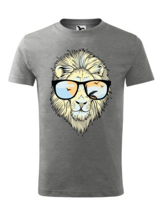 Męska koszulka z krótkim rękawem i nadrukiem lwa w okularach przeciwsłonecznych. Kolor szary.