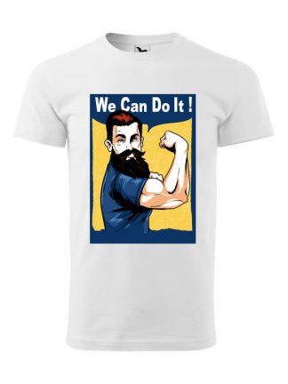 Koszulka męska z krótkim rękawem, nadrukiem silnego mężczyzny i napisem We Can Do It! Koszulka biała.