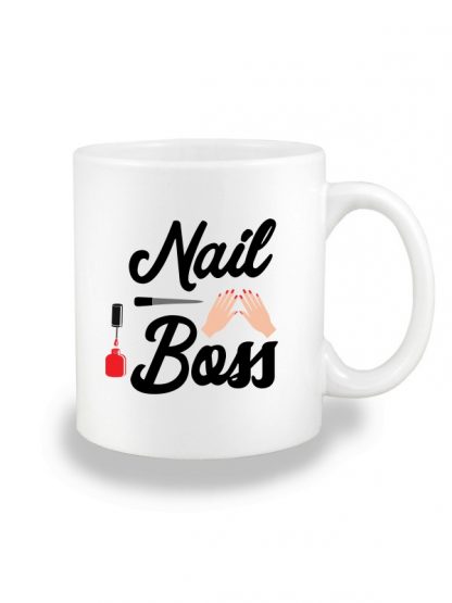 Biały kubek ceramiczny z dwustronnym nadrukiem Nail Boss.