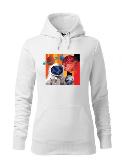 Biała bluza damska z kolorowym nadrukiem astronauty otoczonego planetami. Bluza typu „kangur” z kapturem.