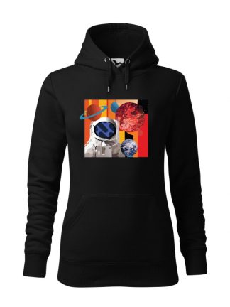 Czarna bluza damska z kolorowym nadrukiem astronauty otoczonego planetami. Bluza typu „kangur” z kapturem.