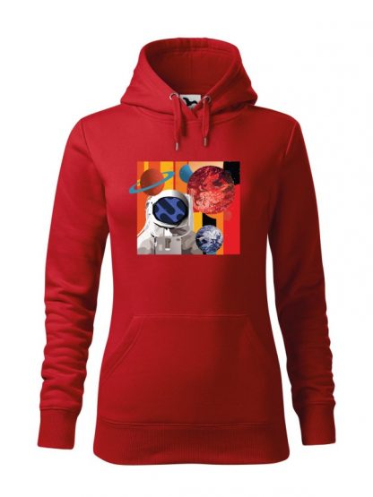 Czerwona bluza damska z kolorowym nadrukiem astronauty otoczonego planetami. Bluza typu „kangur” z kapturem.