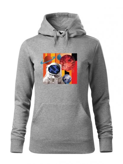 Szara bluza damska z kolorowym nadrukiem astronauty otoczonego planetami. Bluza typu „kangur” z kapturem.