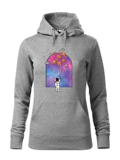 Szara bluza damska z kolorowym nadrukiem astronauty unoszącego się w powietrzu na balonach. Bluza typu „kangur” z kapturem.
