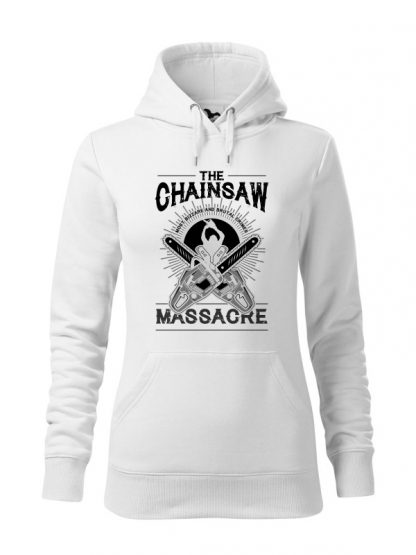 Biała bluza damska z czarno-białym nadrukiem The Chainsaw Massacre. Bluza typu „kangur” z kapturem.