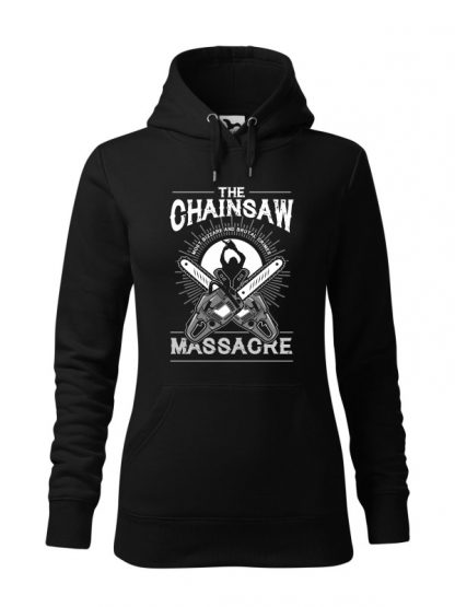 Czarna bluza damska z czarno-białym nadrukiem The Chainsaw Massacre. Bluza typu „kangur” z kapturem.