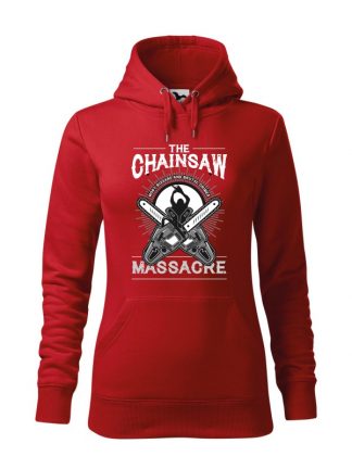 Czerwona bluza damska z czarno-białym nadrukiem The Chainsaw Massacre. Bluza typu „kangur” z kapturem.